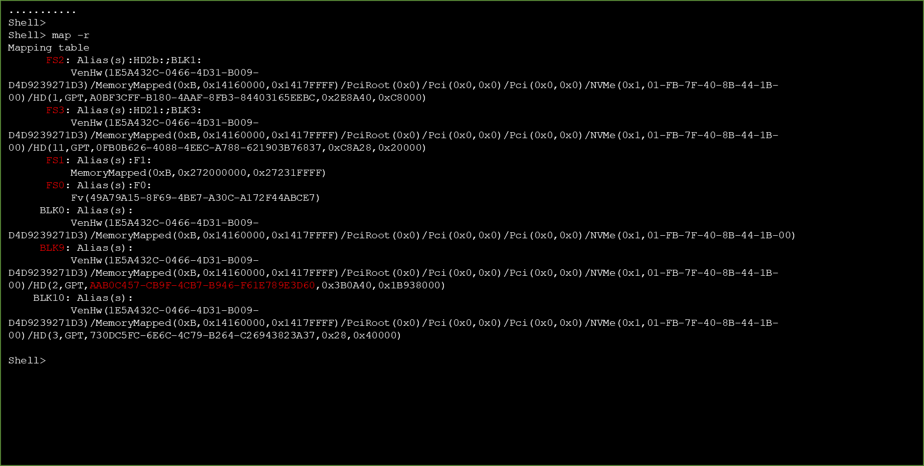 UEFI shell device mapping