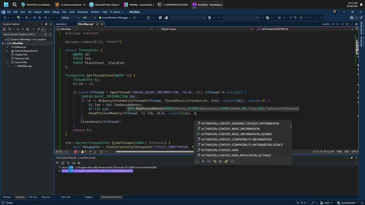 Process Memory Map in Code: Thread Stacks and TEBs (Part 3)